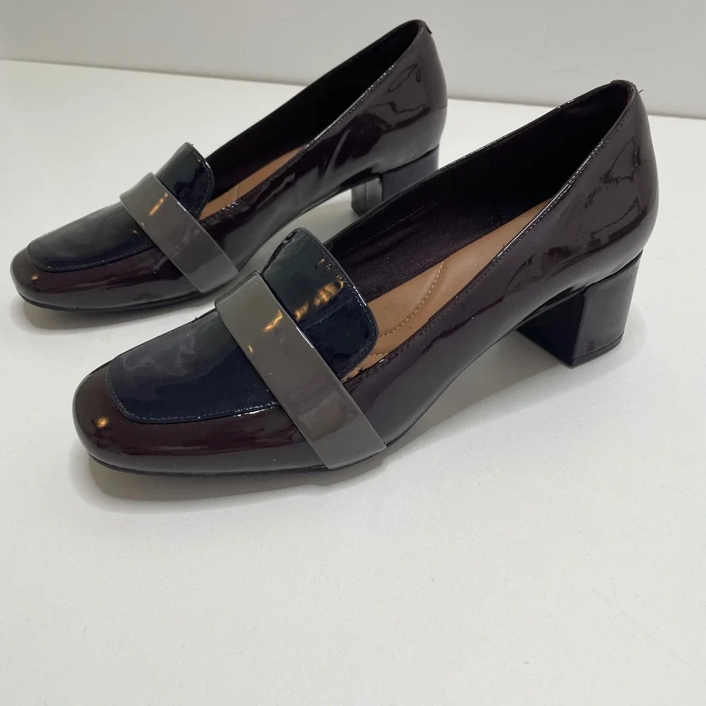 Clarks Colorblock Patent Leather Block Loafer Pump 9 Dark Academia Preppy Office - Picture 6 of 13